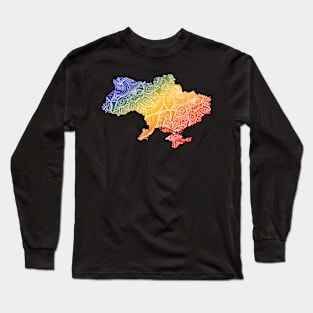 Colorful mandala art map of Ukraine with text in blue, yellow, and red Long Sleeve T-Shirt